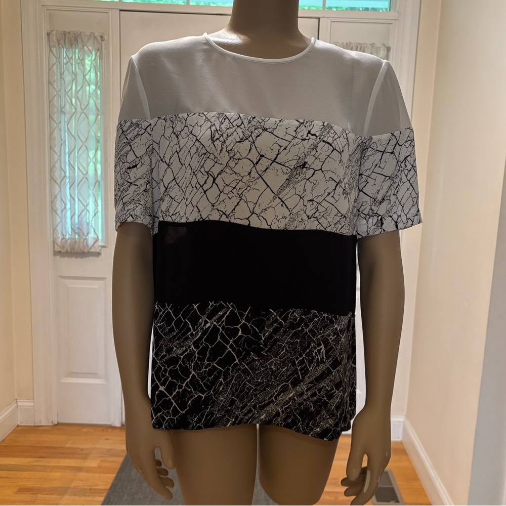 BCBGMaxAzria Black and White Boxy Short Sleeve Top- Caleste Top
